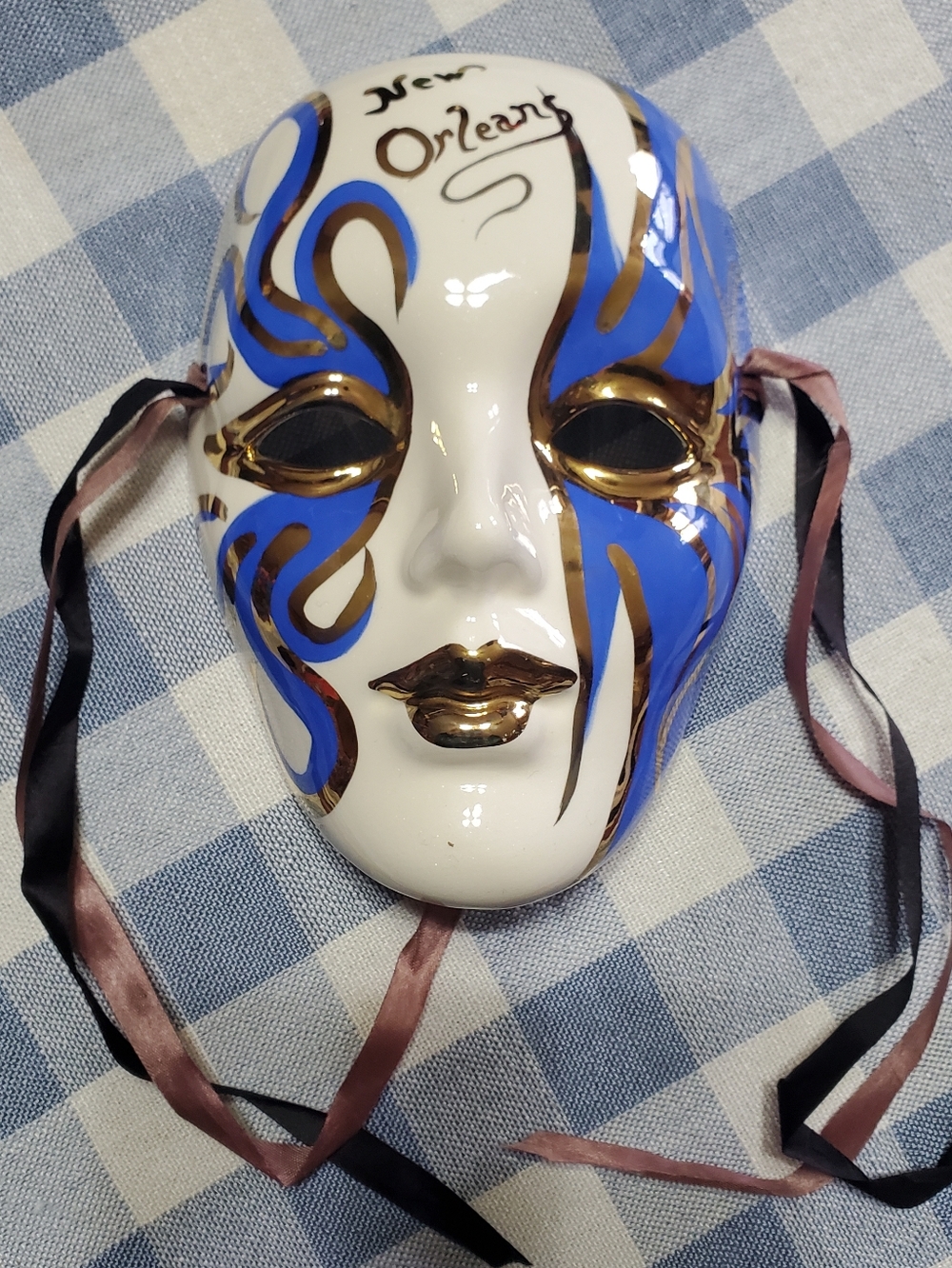 White Ceramic New Orleans Mardi Gras Mask with Ribbon And Blue and Gold Accents